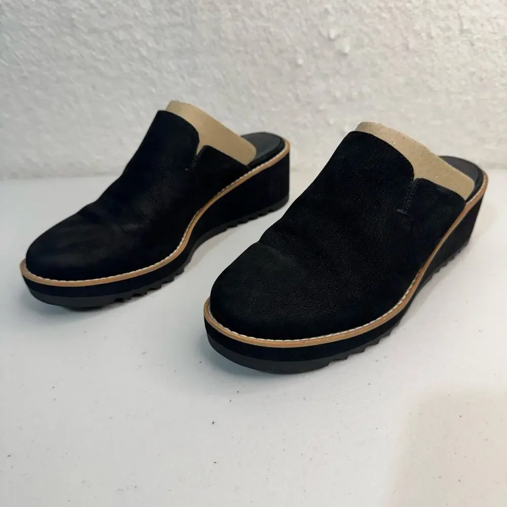 Eileen Fisher Loti Black Tumbled Nubuck Leather Slip-On Wedge Mule Clog Shoe 7.5